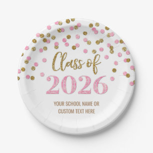 Pink Gold Confetti Graduation 2026 Paper Plates
