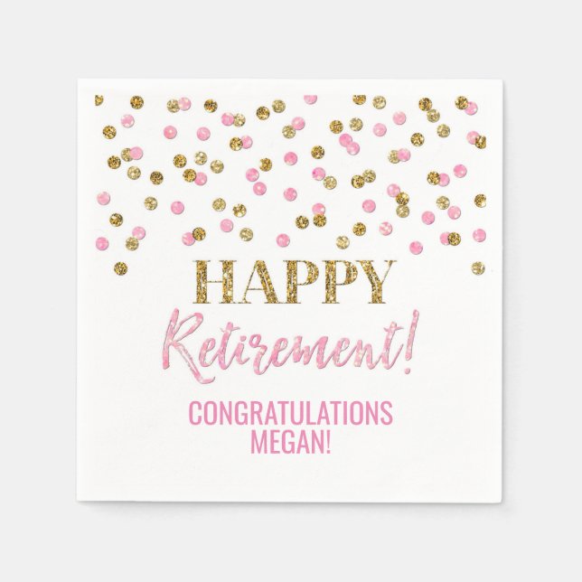 Pink Gold Confetti Happy Retirement Napkins (Front)