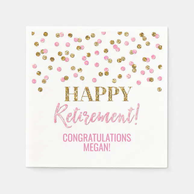 Pink Gold Confetti Happy Retirement Napkins | Zazzle