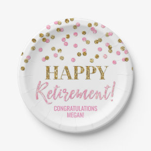 Pink Gold Confetti Happy Retirement Paper Plates