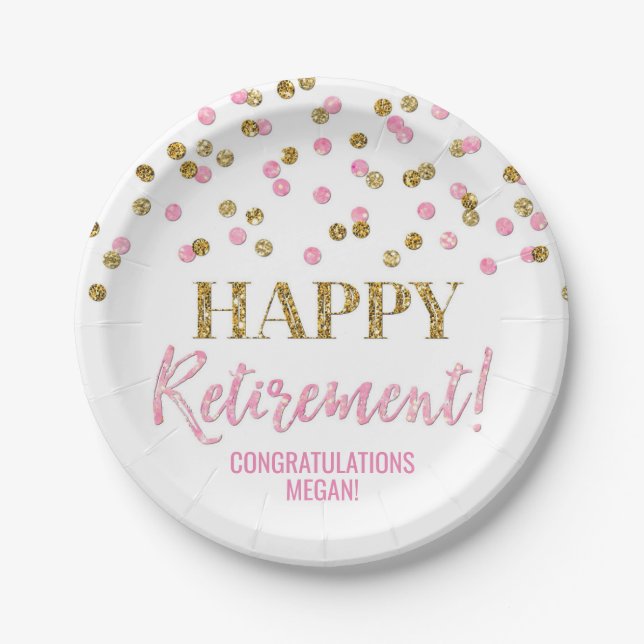 Pink Gold Confetti Happy Retirement Paper Plates (Front)