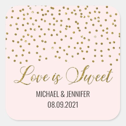 Pink Gold Confetti Love is Sweet Wedding Square Sticker