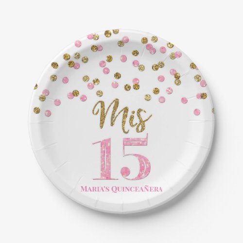 Pink Gold Confetti Mis 15 Quinceanera Paper Plates