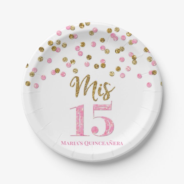 Pink Gold Confetti Mis 15 Quinceanera Paper Plates (Front)