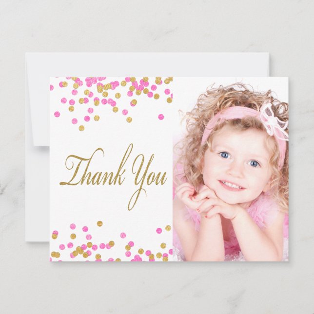 Pink Gold Confetti Photo Thank You Cards (Front)