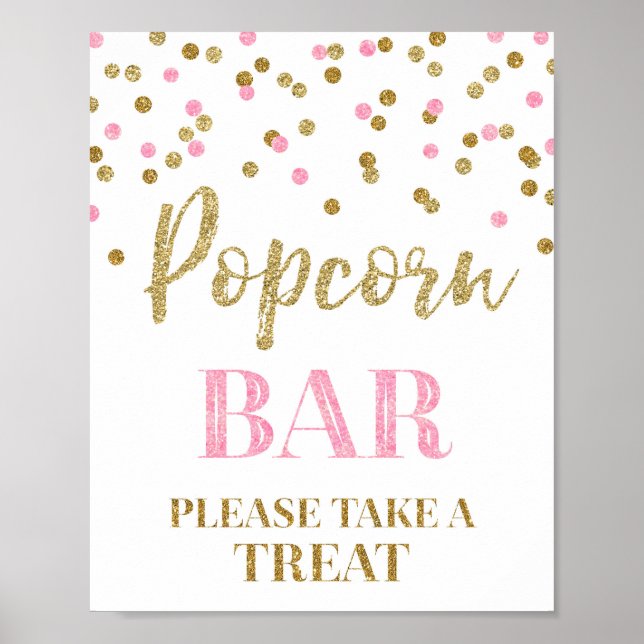 Pink Gold Confetti Popcorn Bar Sign (Front)