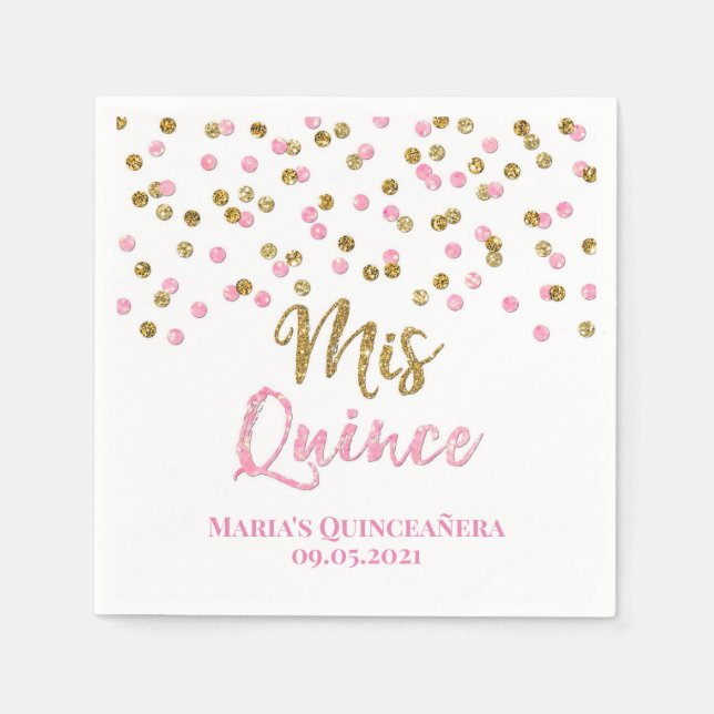 Pink Gold Confetti Quinceañera Birthday Napkins (Front)