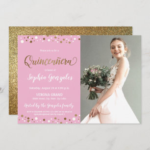 Pink Gold Confetti Quinceanera photo 15th birthday Invitation