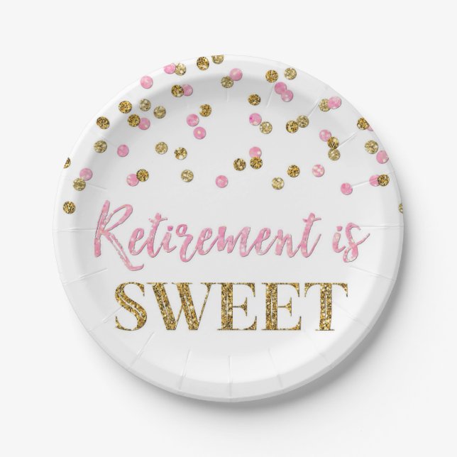 Pink Gold Confetti Retirement is Sweet Paper Plates (Front)
