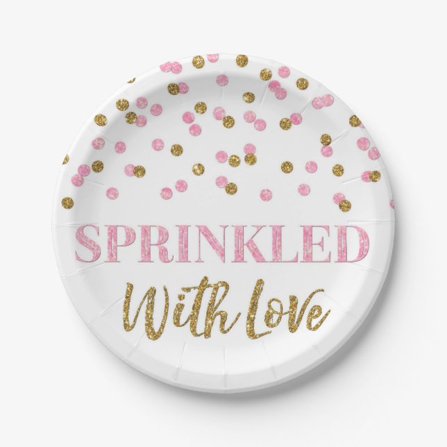 Pink Gold Confetti Sprinkled with Love Paper Plates (Front)