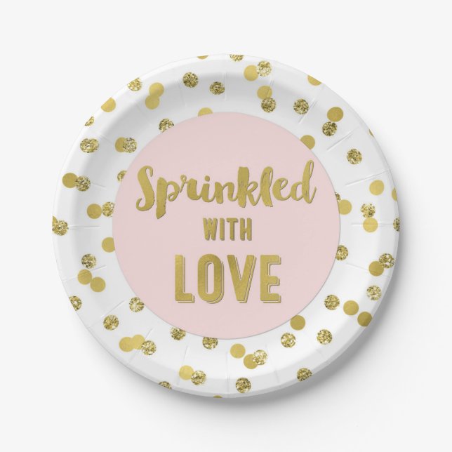 Pink Gold Confetti Sprinkled with Love Paper Plates (Front)