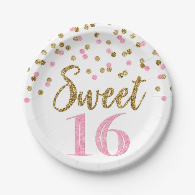 Pink Gold Confetti Sweet 16 Birthday Party Paper Plates (Front)