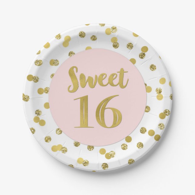 Pink Gold Confetti Sweet 16 Birthday Party Paper Plates (Front)