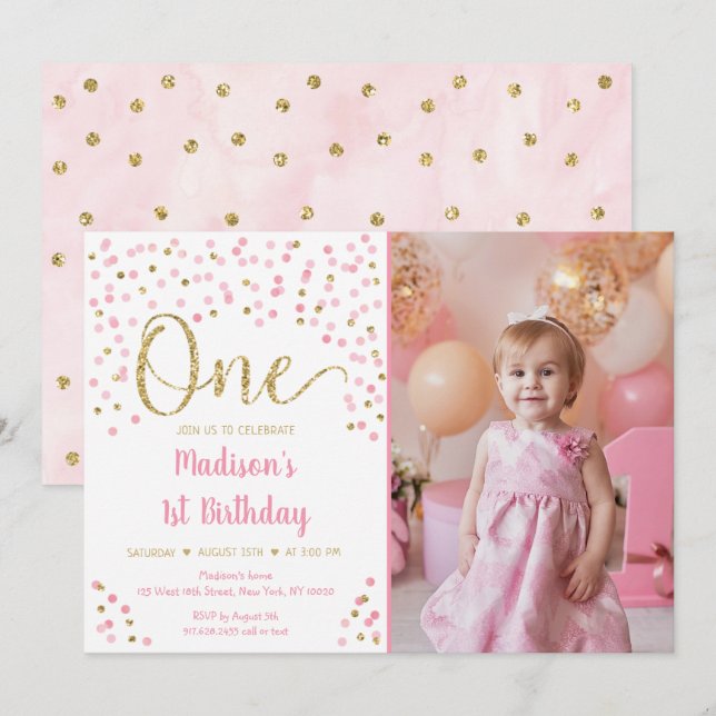 Pink Gold Confetti Watercolor First Birthday Invit Invitation (Front/Back)