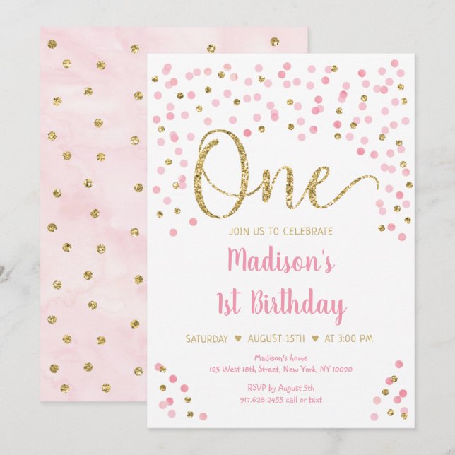 Pink Gold Confetti Watercolor First Birthday Invitation (Front/Back)