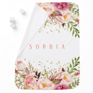 Pink Gold Confetti Watercolor Floral Baby Girl Blanket