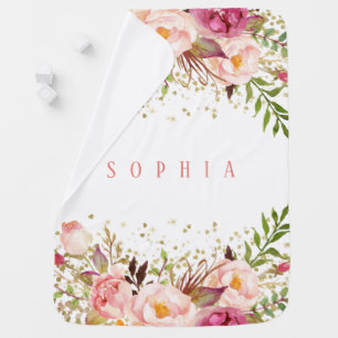 Pink Gold Confetti Watercolor Floral Baby Girl Blanket