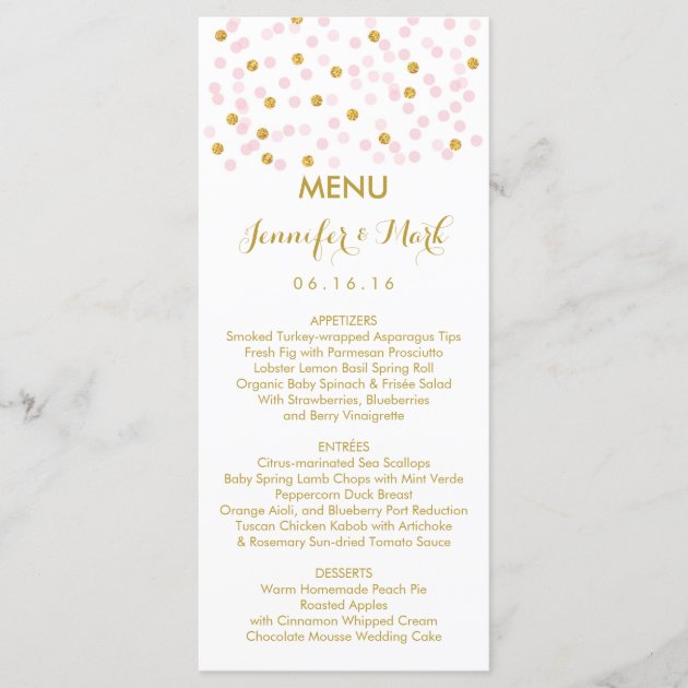 Pink & Gold Confetti Wedding Menu Cards