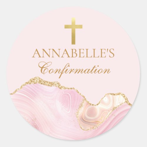 Pink Gold Confirmation Cross Chic Party Classic Round Sticker