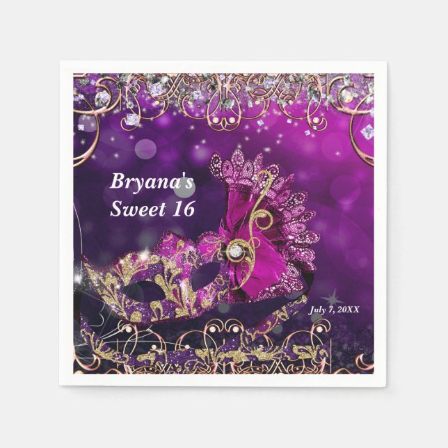 Pink & Gold Costume Masquerade Mask Birthday Party Paper Napkins (Front)