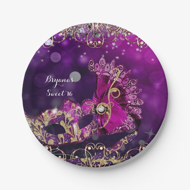 Pink & Gold Costume Masquerade Mask Birthday Party Paper Plates (Front)