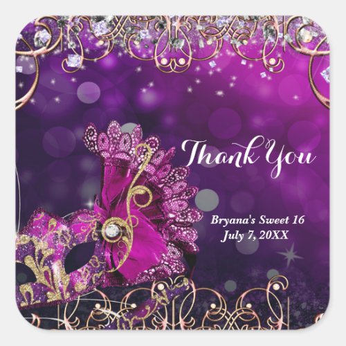 Pink  Gold Costume Masquerade Mask Birthday Party Square Sticker