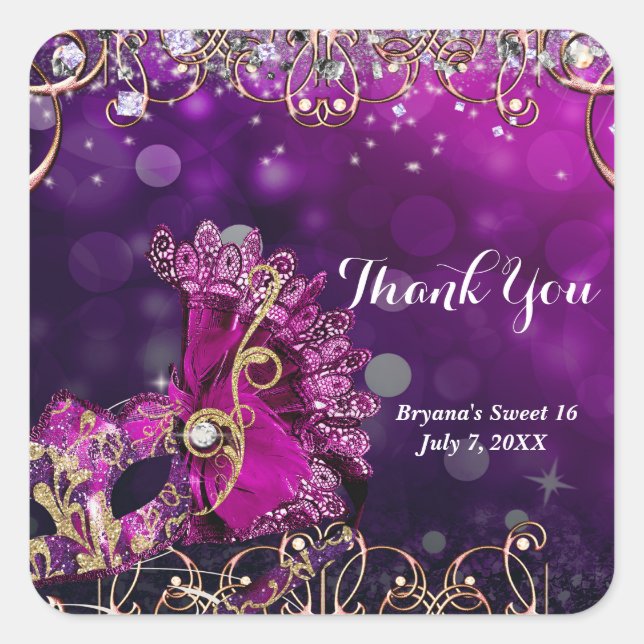 Pink & Gold Costume Masquerade Mask Birthday Party Square Sticker (Front)