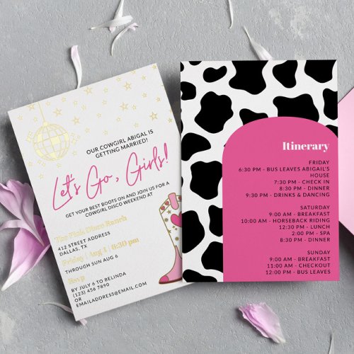 Pink Gold Cowgirl Disco Bachelorette Itinerary Foil Invitation
