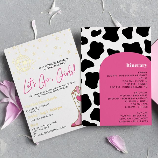 Pink Gold Cowgirl Disco Bachelorette Itinerary Foil Invitation (Creator Uploaded)