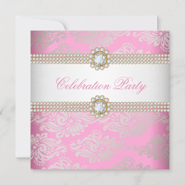 Pink Gold Cream Diamond Gem Elegant Party 2 Invitation (Front)