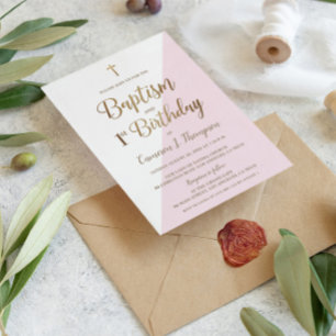 Pink Gold Cross elegant Baptism 1st Birthday Invitation