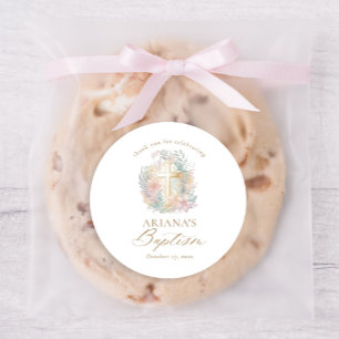 Pink Gold Cross Floral Elegant Watercolor Baptism Classic Round Sticker