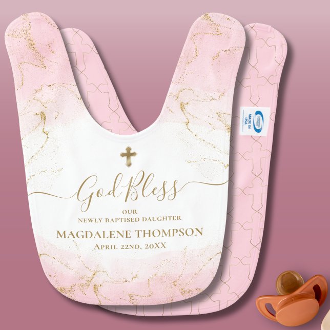 Pink Gold Cross God Bless Name Girl Baptism Baby Bib (Creator Uploaded)