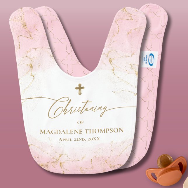 Pink Gold Cross Name Girl Christening Baby Bib (Creator Uploaded)