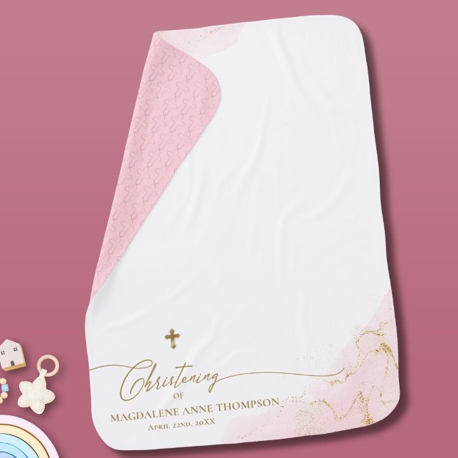 Pink Gold Cross Name Girl Christening Baby Blanket (Creator Uploaded)