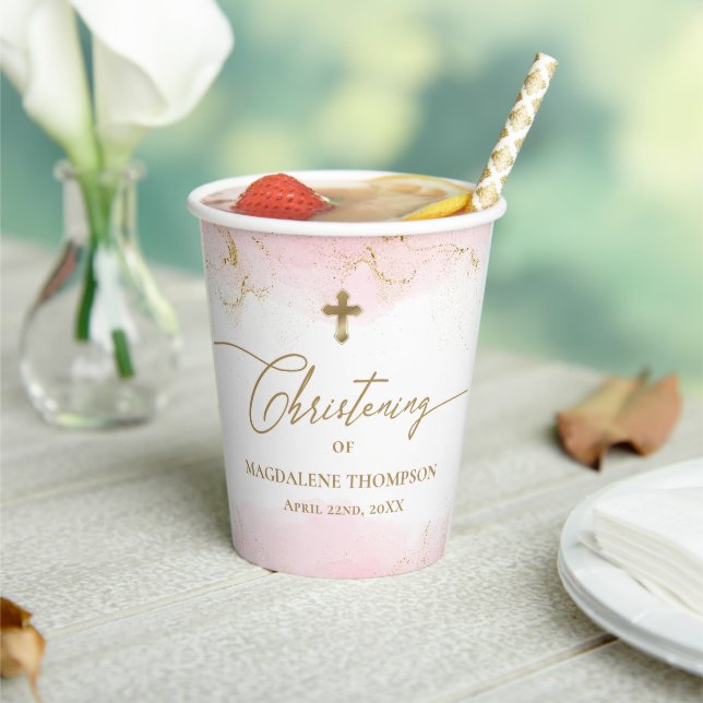 Pink Gold Cross Name Girl Christening Paper Cups (Insitu)