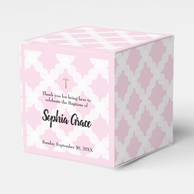 Pink Gold Cross Personalized Baby Girl baptism Favor Boxes (Front Side)
