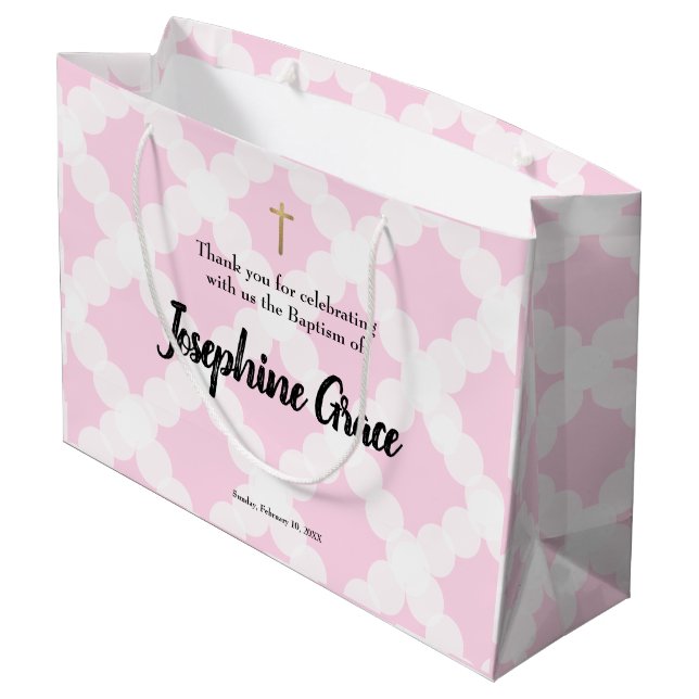 Pink Gold Cross Personalized Baby Girl Baptism Large Gift Bag (Back Angled)