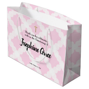 Pink Gold Cross Personalized Baby Girl Christening Large Gift Bag
