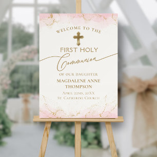 Pink Gold Cross Welcome Girl First Communion Foam Board