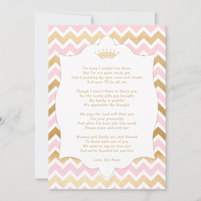 Pink Gold Crown baby shower thank you note card (Front)