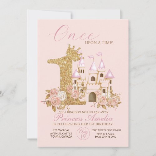 Pink Gold Crown Castle Princess 1st Birthday  Invitation