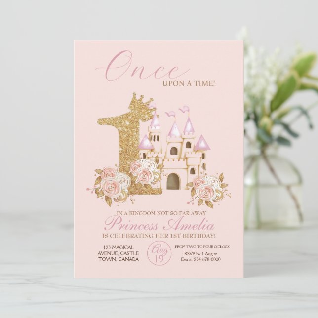Pink Gold Crown Castle Princess 1st Birthday  Invitation (Standing Front)