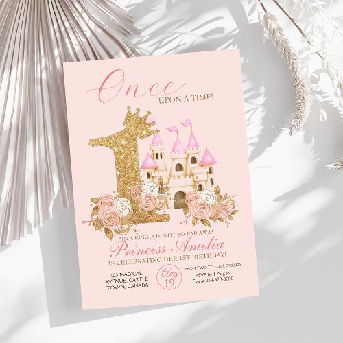 Pink Gold Crown Castle Princess 1st Birthday  Invitation