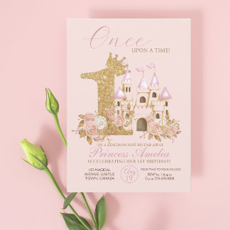 Pink Gold Crown Castle Princess 1st Birthday Invitation