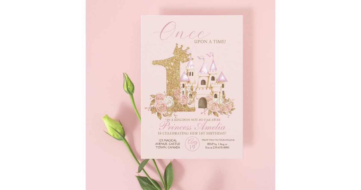Pink Gold Crown Castle Princess 1st Birthday Invitation | Zazzle