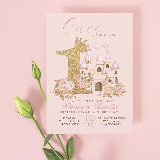 Pink Gold Crown Castle Princess 1st Birthday Invitation | Zazzle