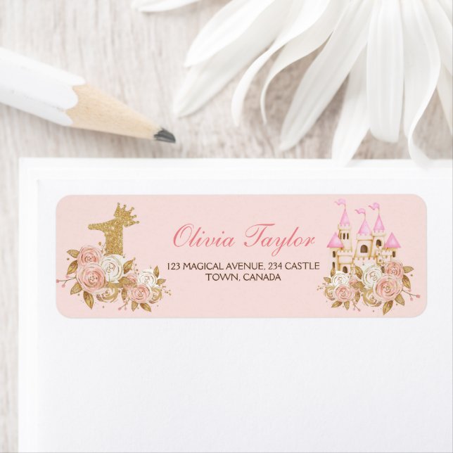 Pink Gold Crown Castle Princess 1st Birthday  Label (Insitu)
