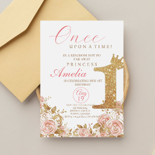 Pink Gold Crown Flower Princess First Birthday  Invitation