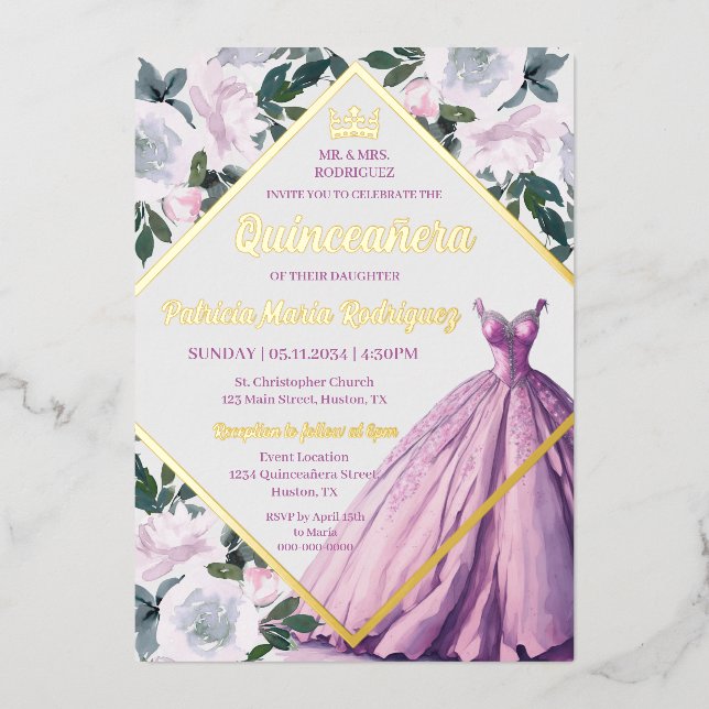 Pink Gold Crown Gown Modern Floral Quinceanera Foil Invitation (Front)